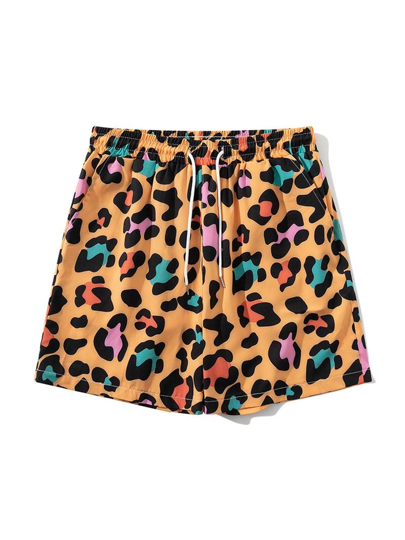 Product Introduction of Men's Leopard Print Drawstring Waist Beach Shorts, Regular Fit Casual Comfy Swim Shorts for Summer, Men's Shorts for Beach Vacation 1
