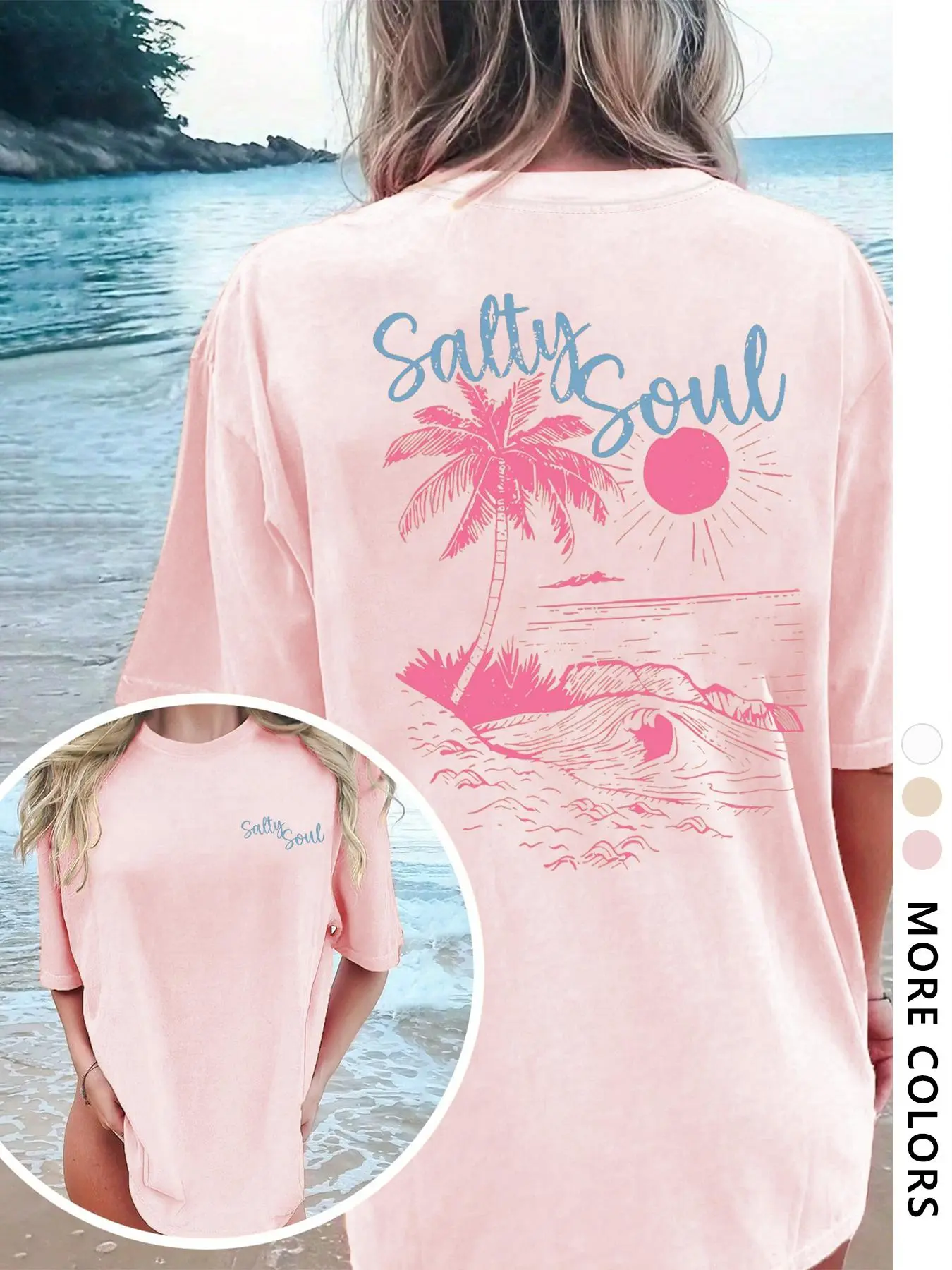 Women's Beach & Letter Print Round Neck Tee, Trendy Casual Crew Neck T-Shirt for Daily Wear, Ladies All Seasons Outfit, Top