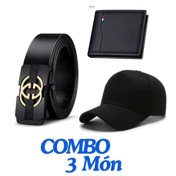  COMBO bộ 3 : Thắt Lưng Da Khóa Tự Động mặt hợp kim- VÍ da nam CHÍNH HÃNG- Mũ Lưỡi Trai thời trang 