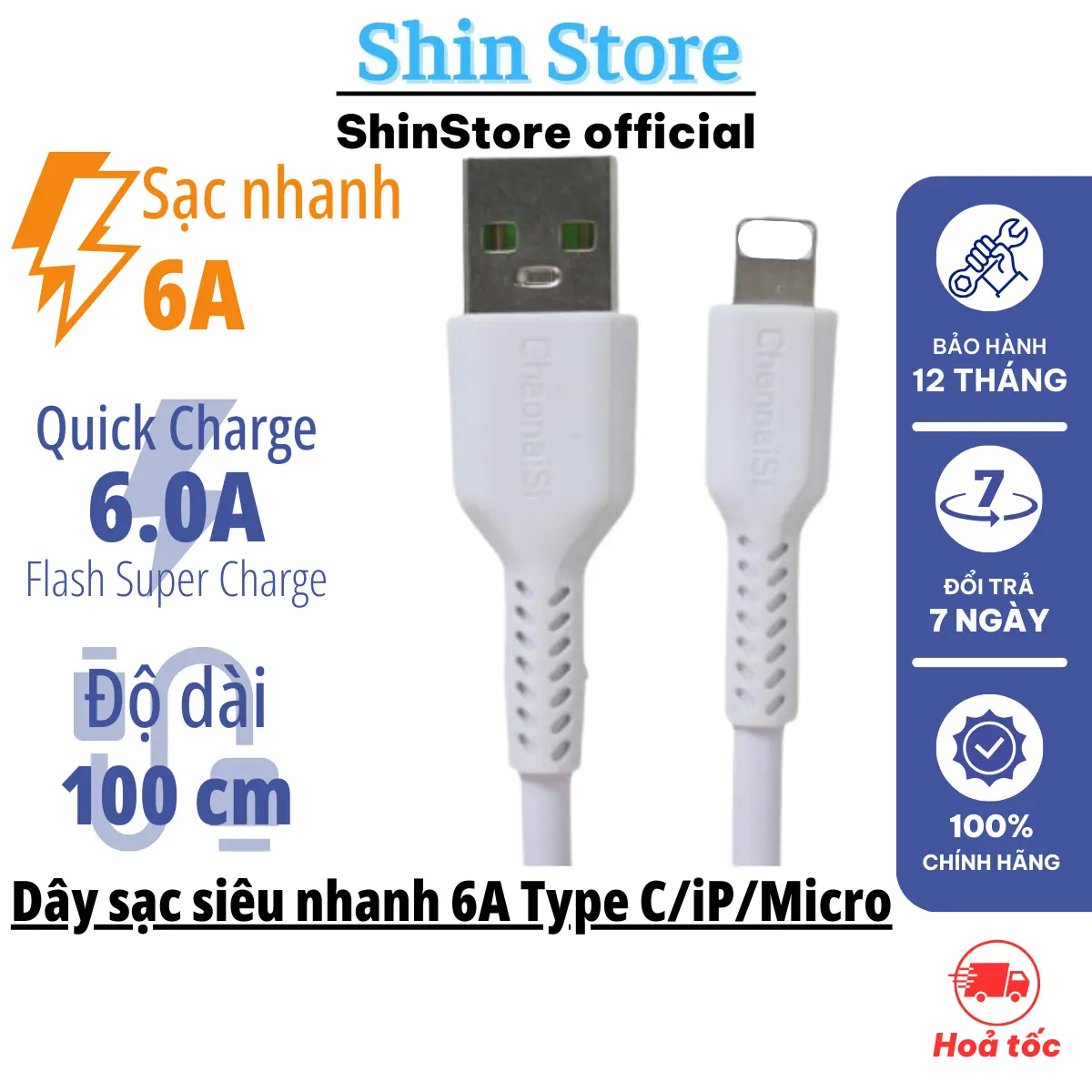 Dây sạc, Cáp sạc CNS 6A Micro & Lightning & Type-C cho iPhone/Samsung/Xiaomi/Oppo/Huawei.