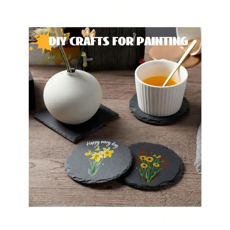 #KUP Slate Beverage Coasters, Black Slate Rock Coasters, Creative Insulation Pads, Blanks With Anti-Scratch Bottom, Suitable For Beverage Halls, Cafes, Kitchens, Home, Office, Restaurants, Apartment Bar And Other Places (Round) 1