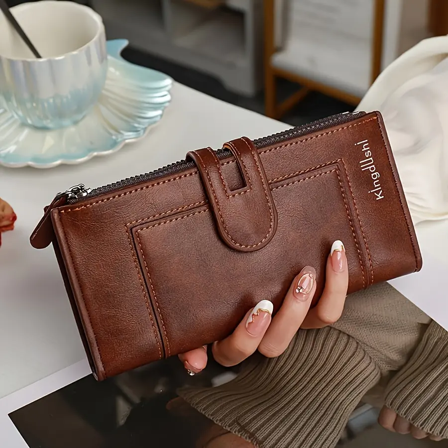 Vintage-Inspired Long Wallet For Women - Sleek Solid Color, Multi-Functional With Zippered Coin Purse & ID Slots, Faux Leather In Light Brown/Dark Brown/Red/Black