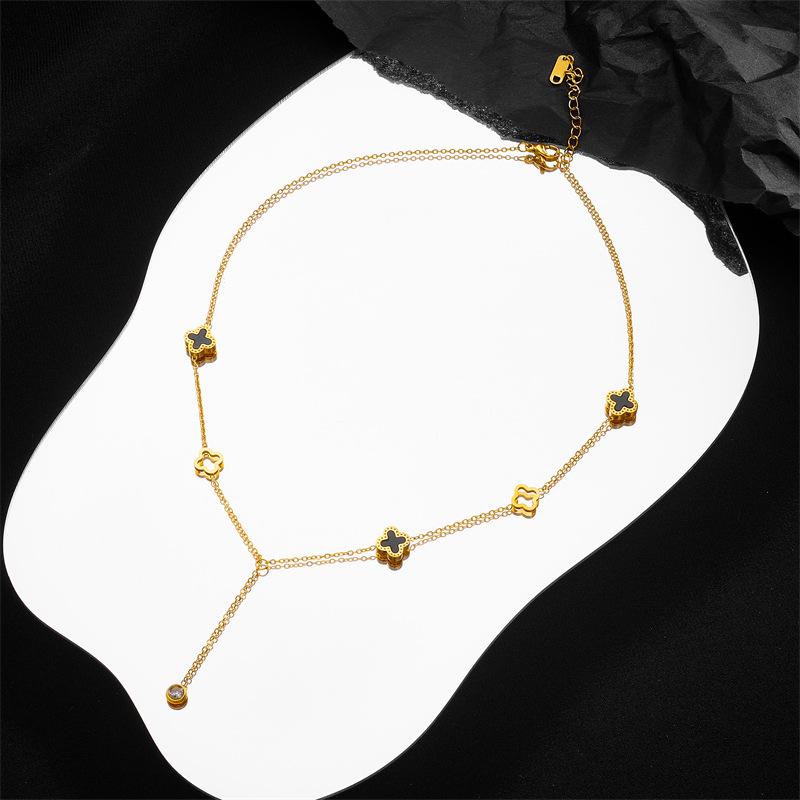 Product Introduction of Vòng Cổ Thép Titan Tua Rua Cỏ Ba Lá Hai Mặt, Đen Trắng, Dây Chuyền Xương Đòn Dễ Phối Đồ Thời Trang Nữ, Mặt Dây Chuyền Mới Mùa Hè, Không Phai Màu Chain Jewelry Women Trang Sức 1