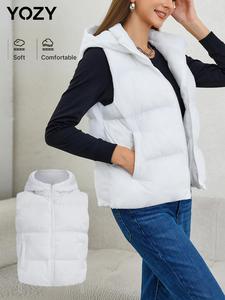 YOZY Women's Solid Color Drawstring Zip Up Hooded Vest Jacket, Casual Pocket Design Sleeveless Outerwear for Fall & Winter, Women's Clothes for Daily Wear