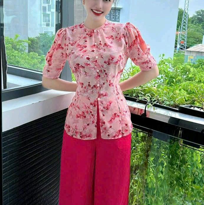 1 sét  bà ba .đồ lam đi chùa Cổ tròn  đóng nut ngọc trai tay búp ngọc .quần ống suông Ôm (SANG SANG SÓP) Top Áo Voi áo vàng đính nút ngọc set váy caro khoác thường botieuthu