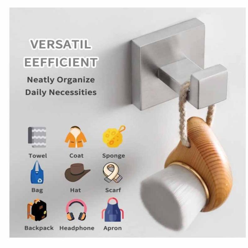 Stainless Steel Towel Hook, Wall Mounted Bathrobe & Outerwear Hook, Square Design Towel Hook for Bathroom, Kitchen & Bedroom Organization 2