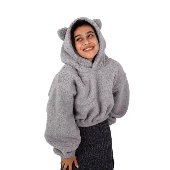 Hoodie Crop Oversize Sherpa Bulu Wanita Casual 2