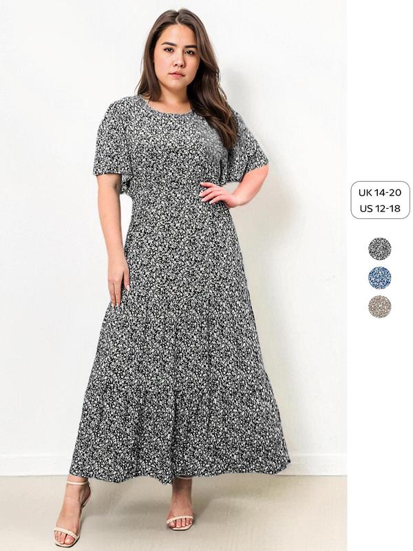 【Plus Size】 Ditsy Floral Print Round Neck Dress, Fashion Casual Short Sleeve Long Dress for Daily Holiday Vacation Wear, Women Plus Clothing for All Seasons 6