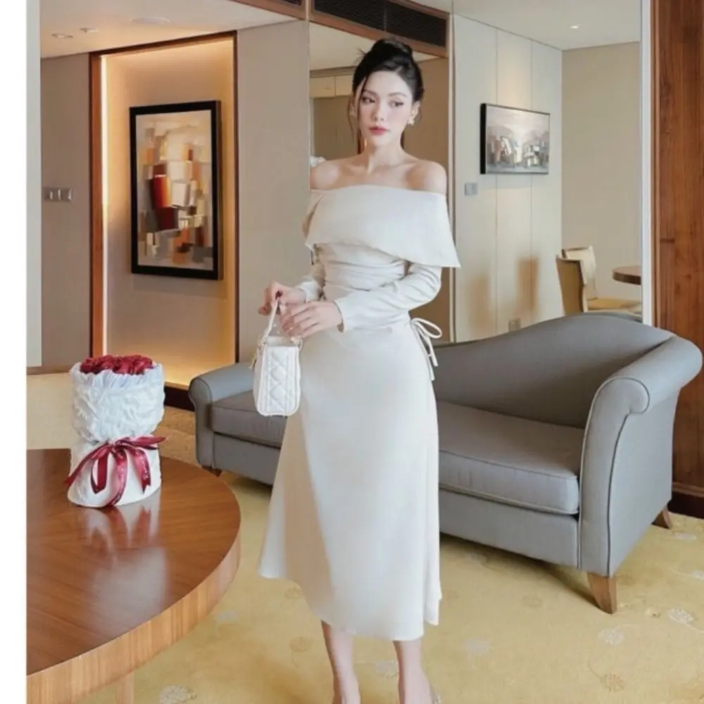 Váy Đầm Nữ Dáng Dài Trễ Vai Nhúng Hông Chống Nhăn Tôn Dáng