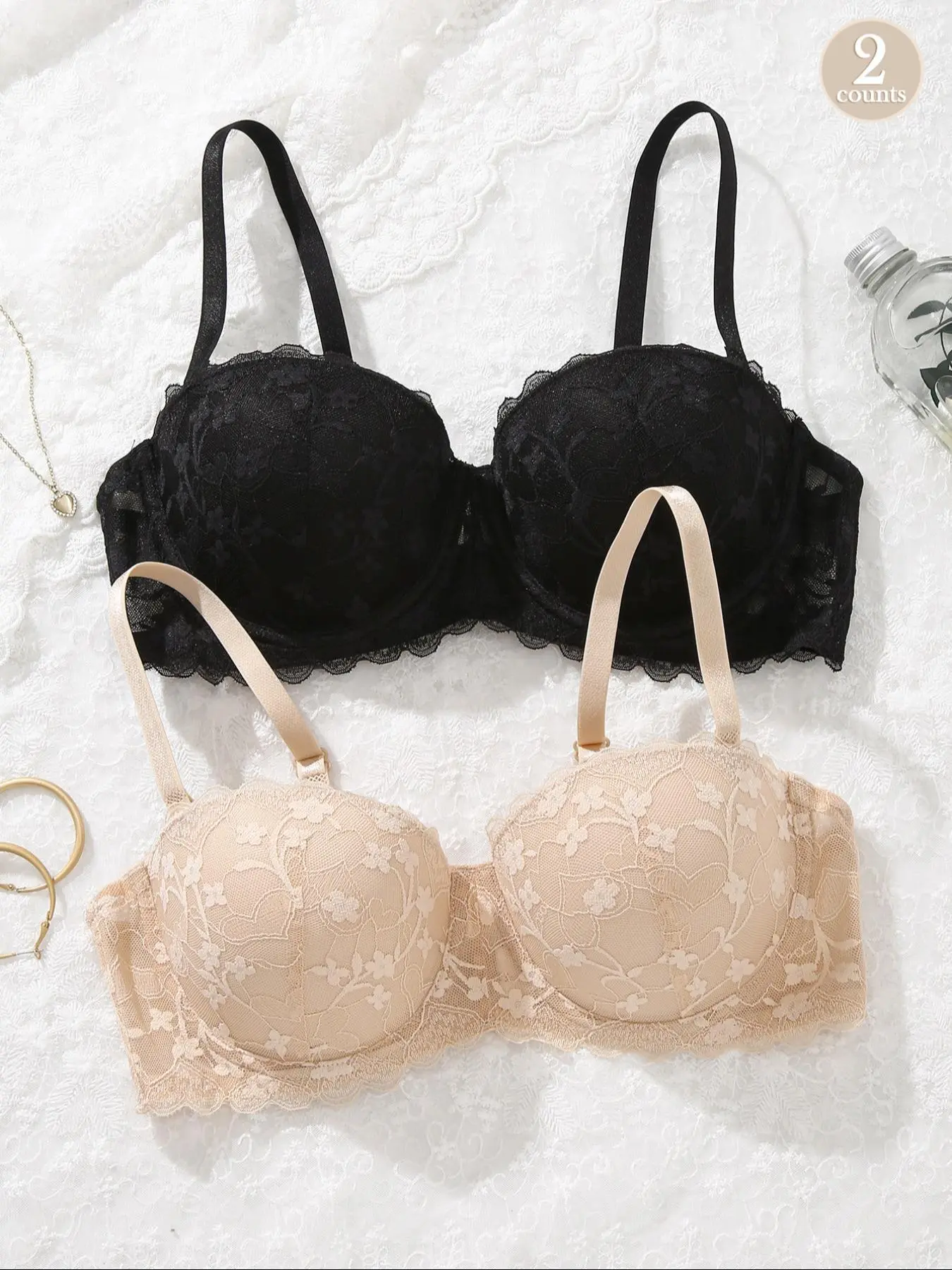 Women's Floral Lace Scallop Trim Push Up Bra, Elegant Comfortable Breathable Adjustable Strap Underwire Bra, Women's Lingerie for All Seasons