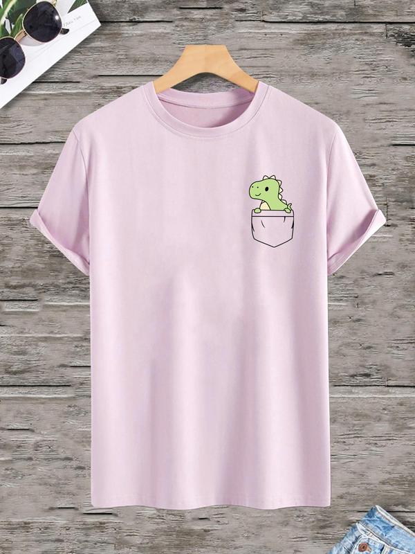 Women's Cartoon Dinosaur Print Drop Shoulder Tee, Casual Half Sleeve Round Neck T-shirt for All Seasons, Women's Top for Daily Wear, Womenswear 8