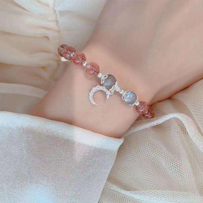 Vòng Tay Pha Lê Dâu Tây Đá Mặt Trăng, Phong Cách Hàn Quốc, Bạc Sterling Của Phụ Nữ, Đơn Giản Và Cá Nhân Hóa, Vòng Tay Màu Hồng, Thích Hợp Cho Học Sinh, Trang Sức Bạn Gái, Thiết Kế Mặt Trăng Sao 3