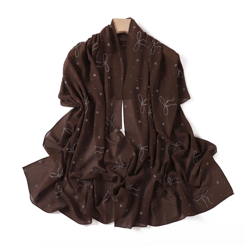 Product Introduction of High-End Heavy Craft Bowknot Rhinestone Solid Color Chiffon Long Scarf Full Rhinestone Shawl Headscarf Cape Scarf Silk Scarf for Women 19