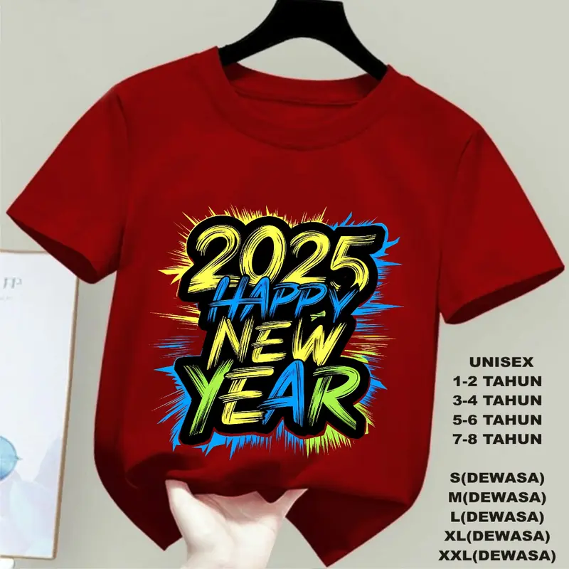 KAOS HAPPY NEW YEAR 2025 TULISAN DTF, KAOS ANAK ANAK, KAOS DEWASA UNISEX , KAOS OBLONG 3