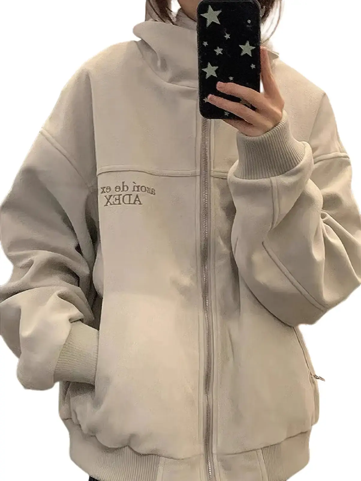 MÀU KEM - ÁO KHOÁC DA LỘN THÊU CHỮ EDEX CHO MÙA THU ĐÔNG Jacket