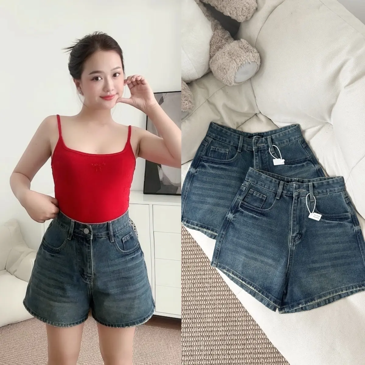 [S8] Quần short jean nữ form lưng cao tôn dáng màu xanh đậm