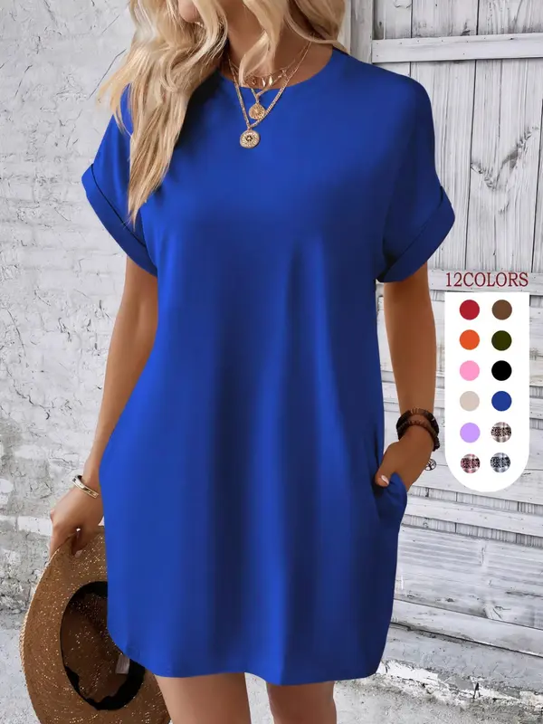 Women's Plain Pocket Round Neck Tunic Dress, The Red Dress, Summer Dresses 2024, Boho Batwing Sleeve Short Sleeve Dress, City Chic Dress UK, Holiday Dresses, Women's Clothing for Beach Vacation, Minimalistic Outfit, Wedding Guest Dress 4