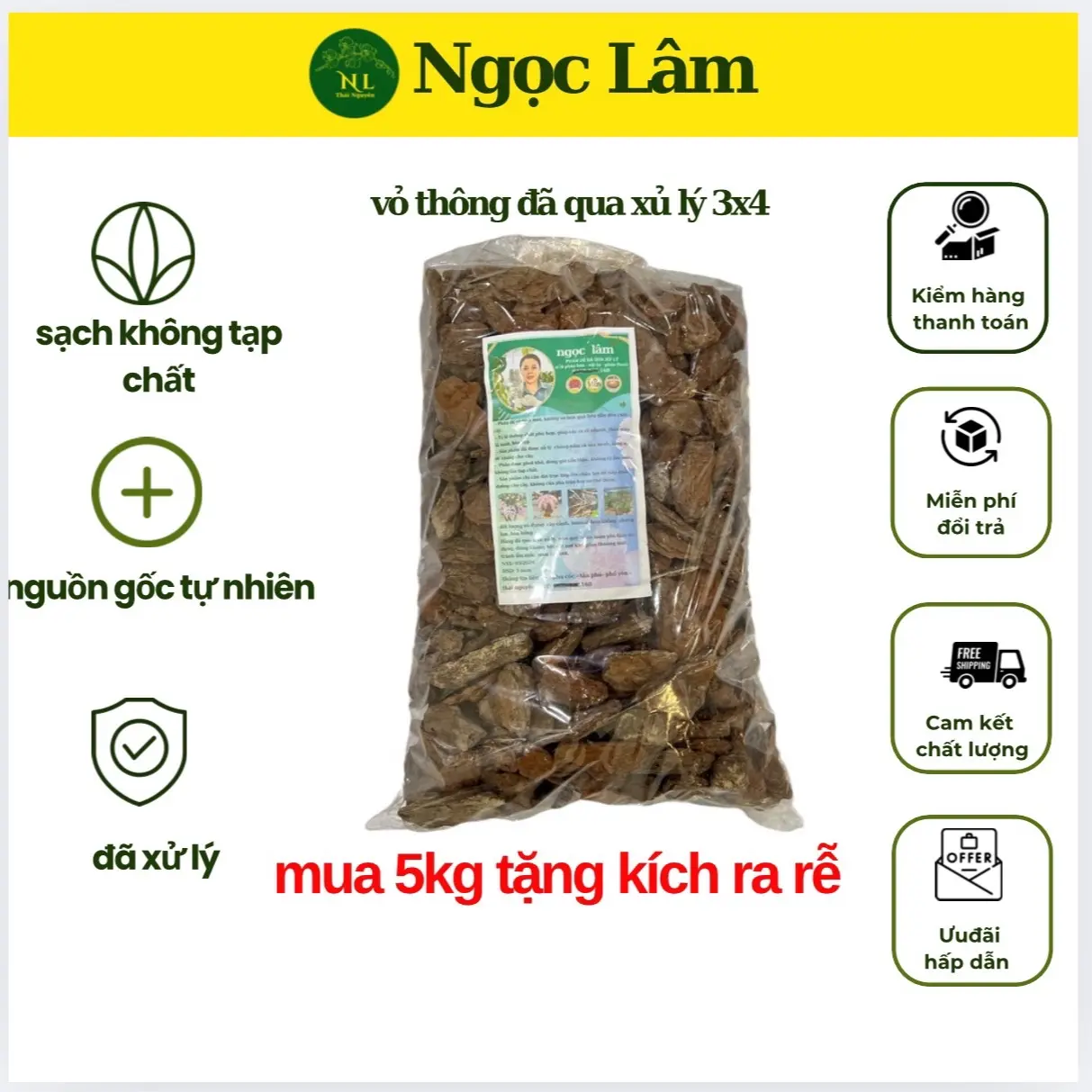 Vỏ Thông 3x4 Đã Xử Lý 5 kg Cho Trồng Lan tặng 1 kích rễ