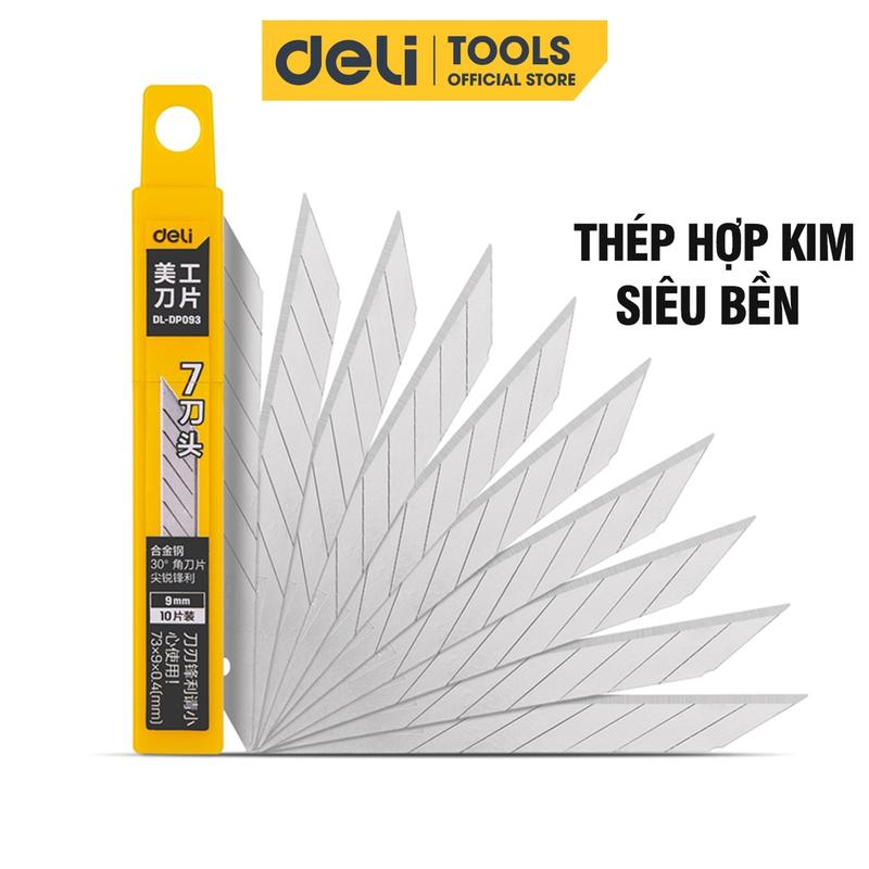 Hộp 10 Lưỡi Dao Rọc Giấy Deli, Chất Liệu Thép Hợp Kim Siêu Bền, Sắc Bén, Mũi 30 Độ - DL-DP093