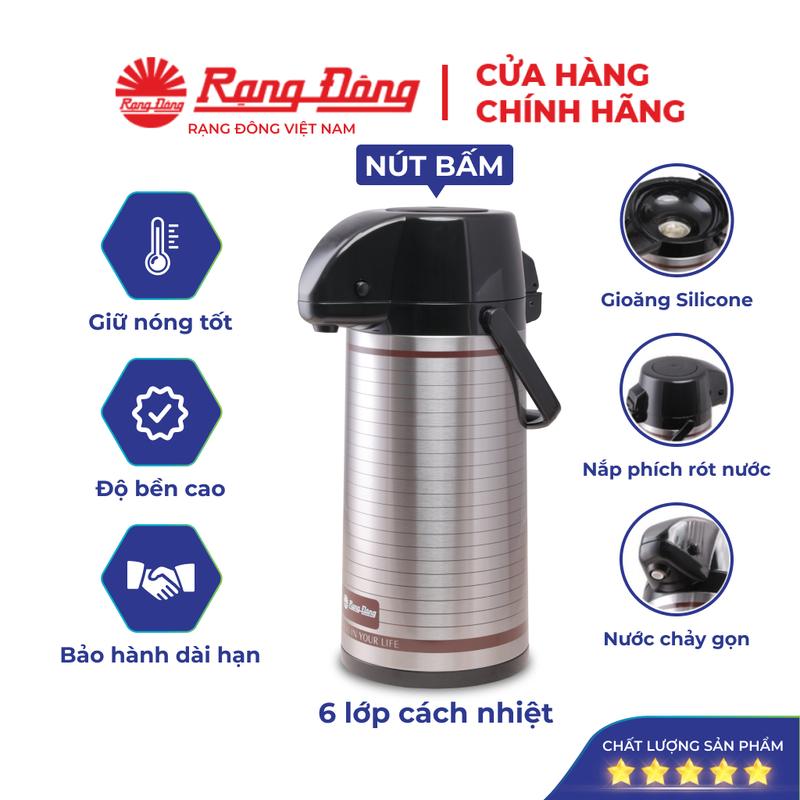 Phích nước Rạng Đông 2 lit nút bấm cao cấp,chất liệu inox Bình thuỷ cafe giữ nhiệt Model RD 2045ST3.E