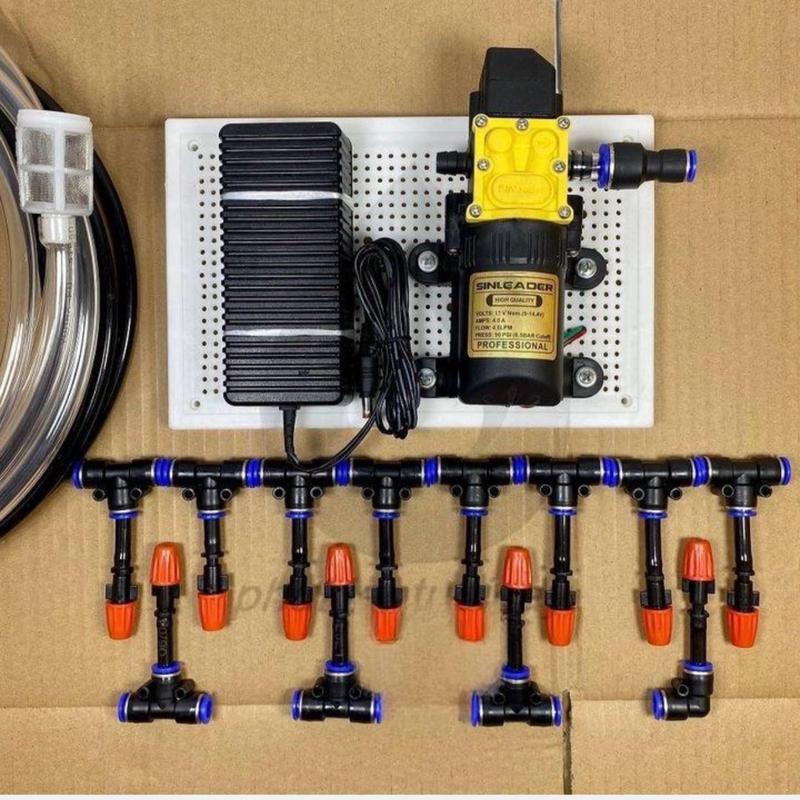 Bộ phun sương tưới cây cảnh,bơm đơn sinleader kèm nguồn,20 mét ống 8li,10 béc nhựa cam,1mét dây hút,kèm lọc rác sp chưa kèm bảng điện