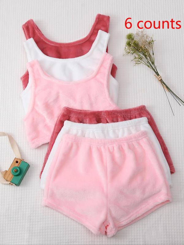 Women's Plain Flannel Pyjamas Set, Tank Top & Elastic Waist Shorts, Soft Comfortable Pajamas for Sleepwear Loungewear, Comfy Loungewear Set 1