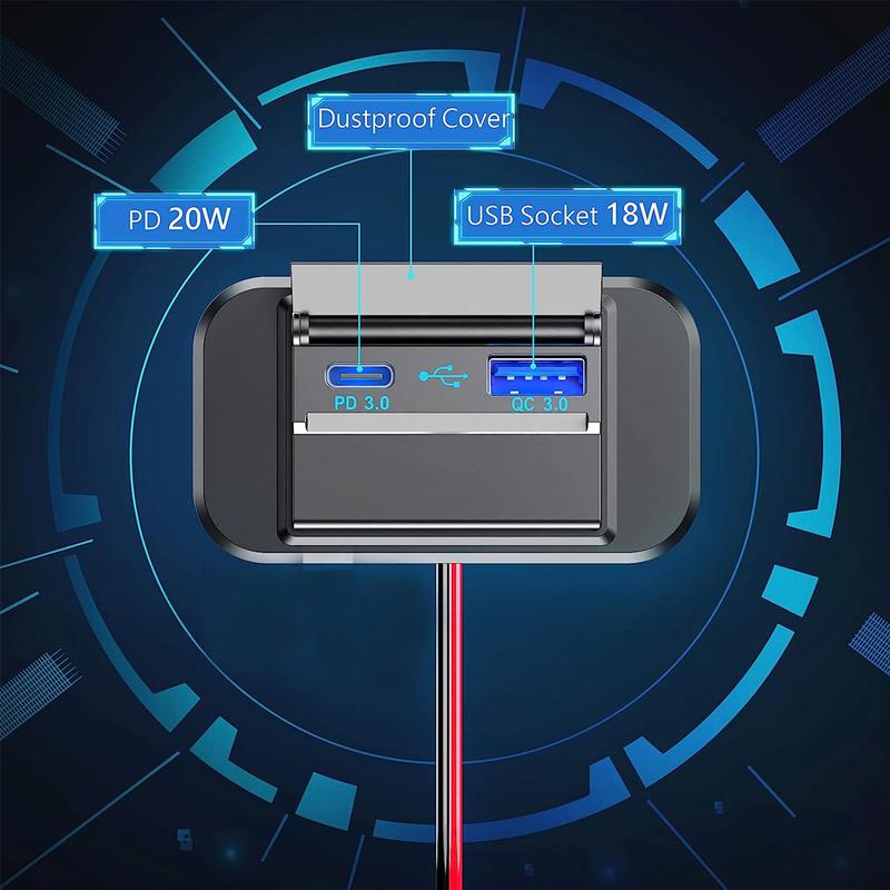 Product Introduction of Car Bus Charger Socket Adapter QC3.0 Quick Charge PD Type C Dual USB Ports 12V/24V USB Power Panel With Swith For Motorcycles Marine #456402 20
