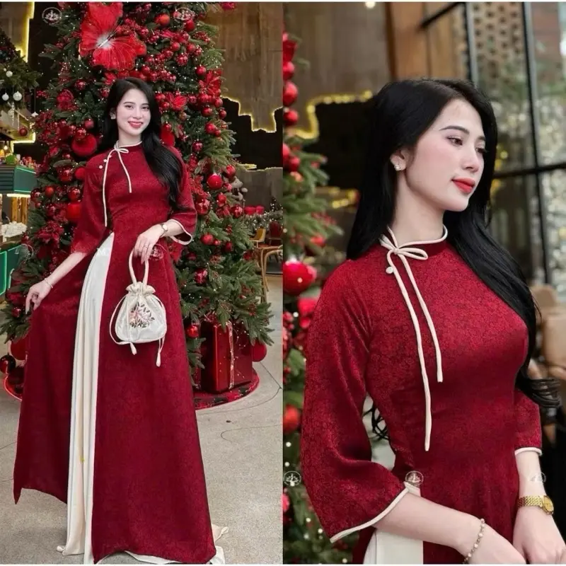 Áo dài gấm đính nơ cổ lệch phối viền trẻ trung màu trắng - Áo Dài Dalie Store