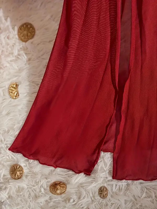 Plus Size 2pcs Sexy Sheer Split Thigh High Waist Cami Dress & Panty Set, Solid Spaghetti Strap Long Dress & Panty, Women's Two-piece Wear for All Seasons 7