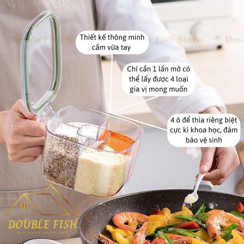 Hộp đựng gia vị 4 ngăn riêng biệt, chống ẩm ướt | Hũ gia vị chia ngăn có nắp đậy kèm thìa tiện lợi HD01 | Double Fish 2