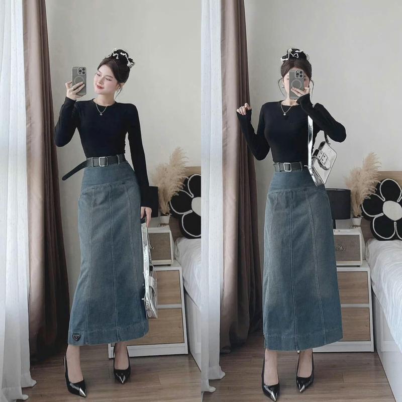 Set đồ nữ áo thun tay dài kèm chân váy jeans qc năng động phù hợp đi làm đi chơi D709 Women Kem