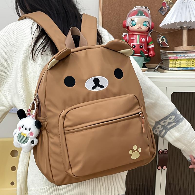 Product Introduction of Chic Bear-Themed Nylon Backpack for Women - Casual School & Travel Daypack, Solid Color with Practical Pockets, Available in White/Brown/Yellow 16