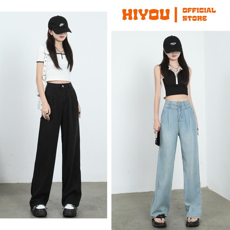 Quần jean nữ ống rộng cạp cao túi chéo hai màu xanh, đen cá tính năng động quân jeannu quan jeansuong