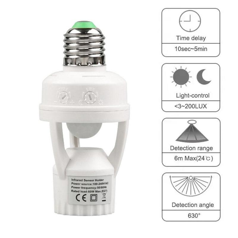 Product Introduction of Lampu Penderia Badan Manusia, Suis Penderia Inframerah, Kelewatan Boleh Laras, Pemegang Lampu Penderia Wayarles Pintar, Skru E27, Sesuai untuk Lampu 26