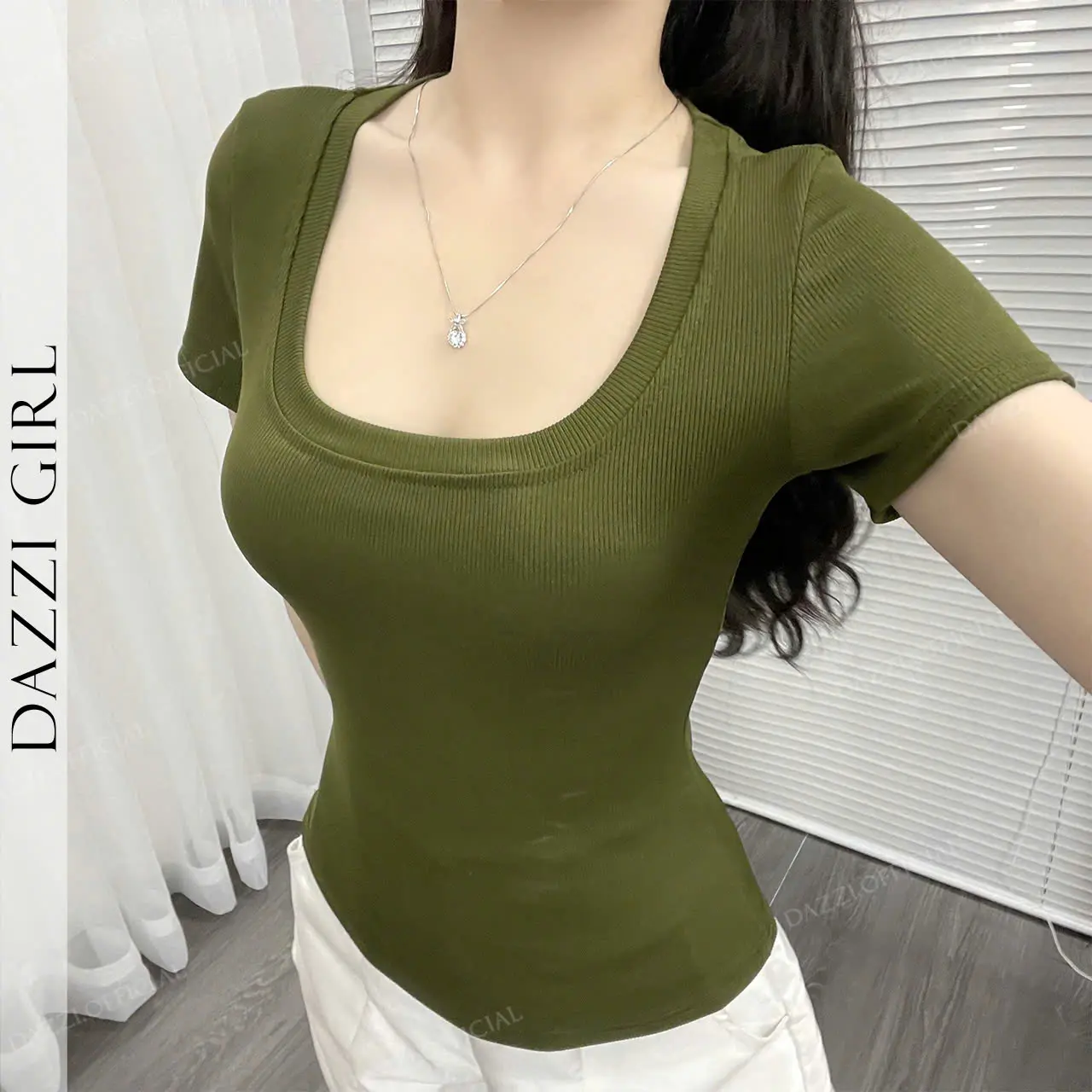 Áo thun trơn nữ cổ vuông vải thun gân tăm DAZZI dáng dài form ôm dáng Women A02 | BigBuy360 - bigbuy360.vn