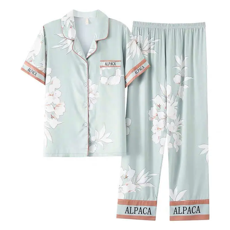 ALADY TN041 - Đồ bộ Pijama tay ngắn hoạ tiết hoa với chất liệu lụa Latin cao cấp, mềm mại và thoáng mát  Áo Ngủ 2