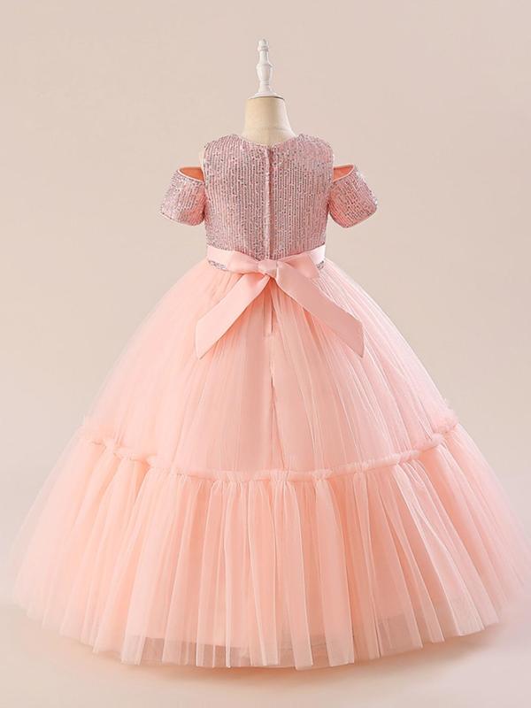 Girl's Contrast Sequin Bow Decor Tulle Dress, Elegant Round Neck Short Sleeve Fit & Flare Dress for Party, Kids Clothes for All Seasons 5