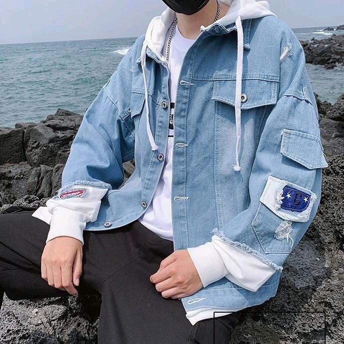 Áo khoác jean nam nữ mũ nỉ màu xanh nhạt Có Cổ 40 75kg Menswear Jacket Kem