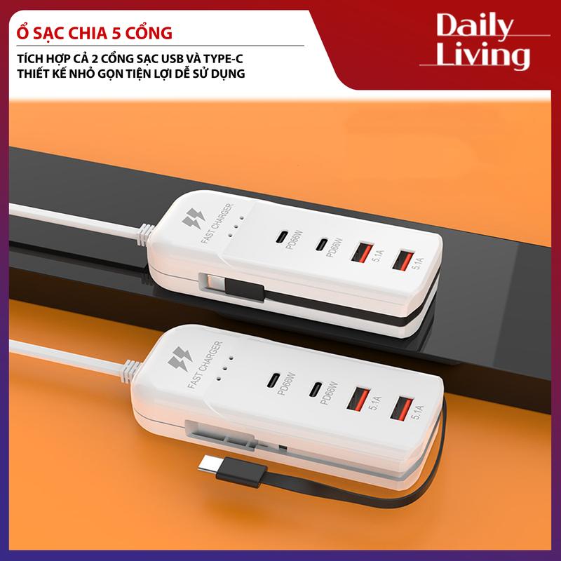 Bộ Sạc Nhanh 5 Cổng USB Type C, Ổ Cắm Sạc Điện Thoại 5 Trong 1 Sạc Nhanh 20W An Toàn, Tiện Dụng Tương Thích Với Nhiều Thiết Bị