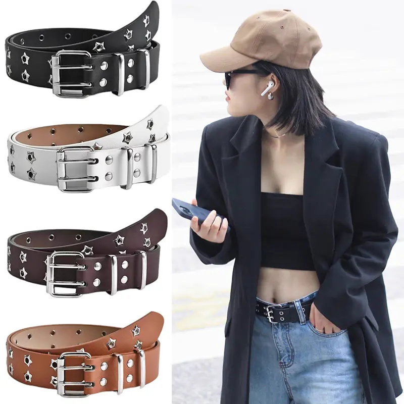 Thắt Lưng Dây Chuyền Xích, Thời Trang, Phong Cách Punk, Có Thể Điều Chỉnh, Ngôi Sao Rỗng Khóa Hai Ngực, Khóa Kim Loại, Làm Bằng Da, Thích Hợp Cho Quần Jean, Dây Thắt Lưng 5