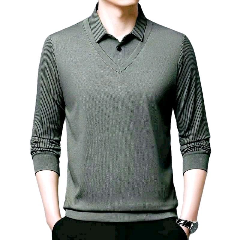 DEAL XẢ KHO Áo thun nam phối cổ sơ mi bên trong lót nhung dành cho tuổi trung niên phong cách đơn giản lịch lãm Menswear Polo Có Cổ