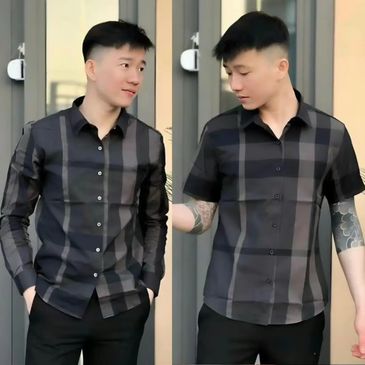 Áo sơ mi  đen phối sọc thời trang , chất vải cotton mặc thoải mái mát mẻ cao cấp Menswear Có Cổ