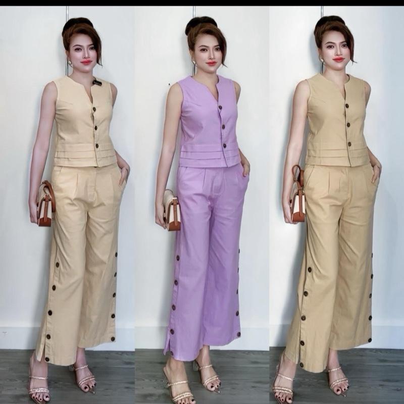 BD426 SET BỘ NỮ LENIN ÁO SÁT CÁNH KÈM QUẦN SUÔNG DÀI DÍNH NÚT ĐẸP SANG CHO NỮ - Size S.M.L.XL.XXL