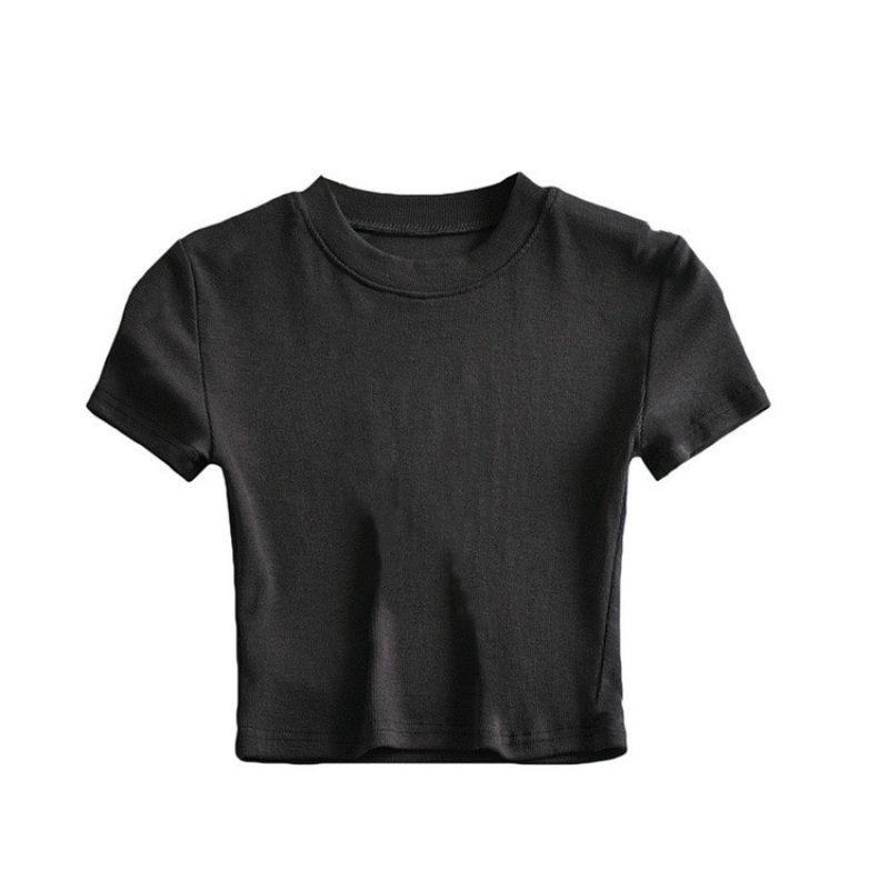 Summer New European and American Basic Style Small round Neck Cropped T-shirt Stretch Tight Short Sleeve Bottoming Top for Women Lingerie Lady Streetwear Casual Minimalist Womenswear Comfort 4