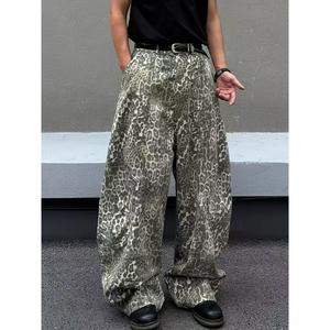 アメリカンハイストリートレオパード柄シミタージーンズメンズヴィンテージルーズワイドレッグカジュアルパンツトレンディ