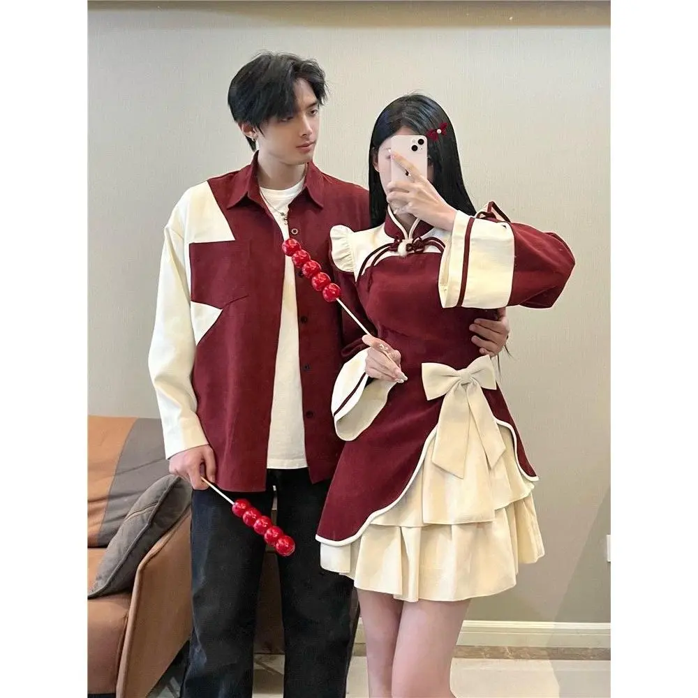 Quần Áo Cặp Đôi, Thiết Kế Độc Đáo Váy Năm Mới Trung Quốc Màu Đỏ, Váy Một Mảnh, Thích Hợp Cho Mùa Xuân Và Mùa Thu, Phong Cách Người Nổi Tiếng Trên Internet, 2025 Nữ Top Women