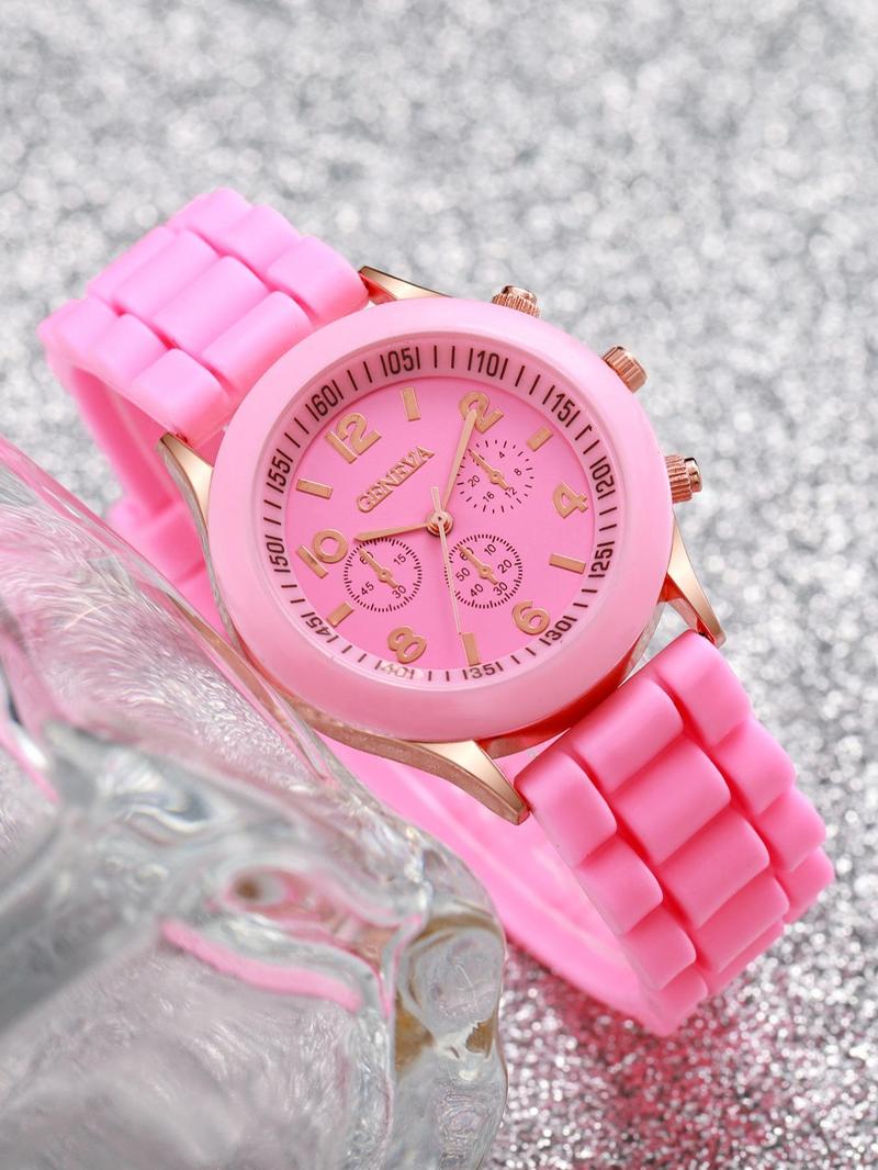 Product Introduction of Round Dial Rubber Strap Quartz Watch & Butterfly & Faux Pearl Decorated Dangle Earrings, Pendant Necklace, Bracelet, Ring, Trendy Watch Set for Gift without Box 7