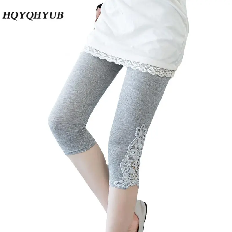 Women Summer Capris Leggings Lace Embroidery Thin Elastic Soft Tights Yoga Workout Pants