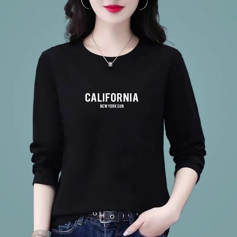 Áo Thun Cotton Dài Tay, Dành Cho Nữ, Mùa Xuân Và Mùa Thu, Hàng Mới Về, Cổ Tròn, Áo Sơ Mi Lớp Cơ Sở, Phong Cách Hàn Quốc, Dáng Rộng Vừa Vặn, Áo Phông In, Áo Thường Ngày Thời Trang