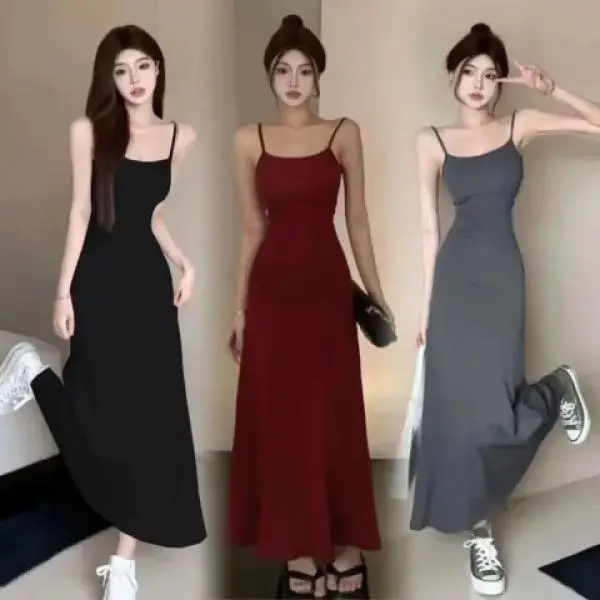Summer Dress Hot Girl Elastic Strap Dress Women Sleeveless Off-Shoulder Waist-Cinching One-Shoulder Base Long Dress